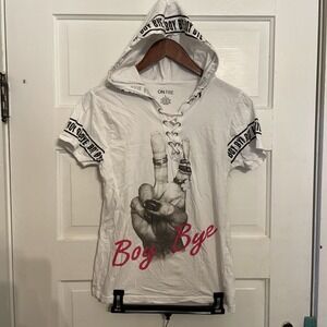 On Fire Juniors Large White Hooded Boy Bye T-shirt Peace Sign Laced Front